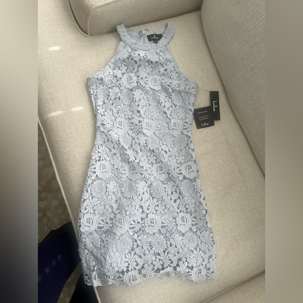 Lulu's Soft Blue Floral Lace Halter Dress NWT